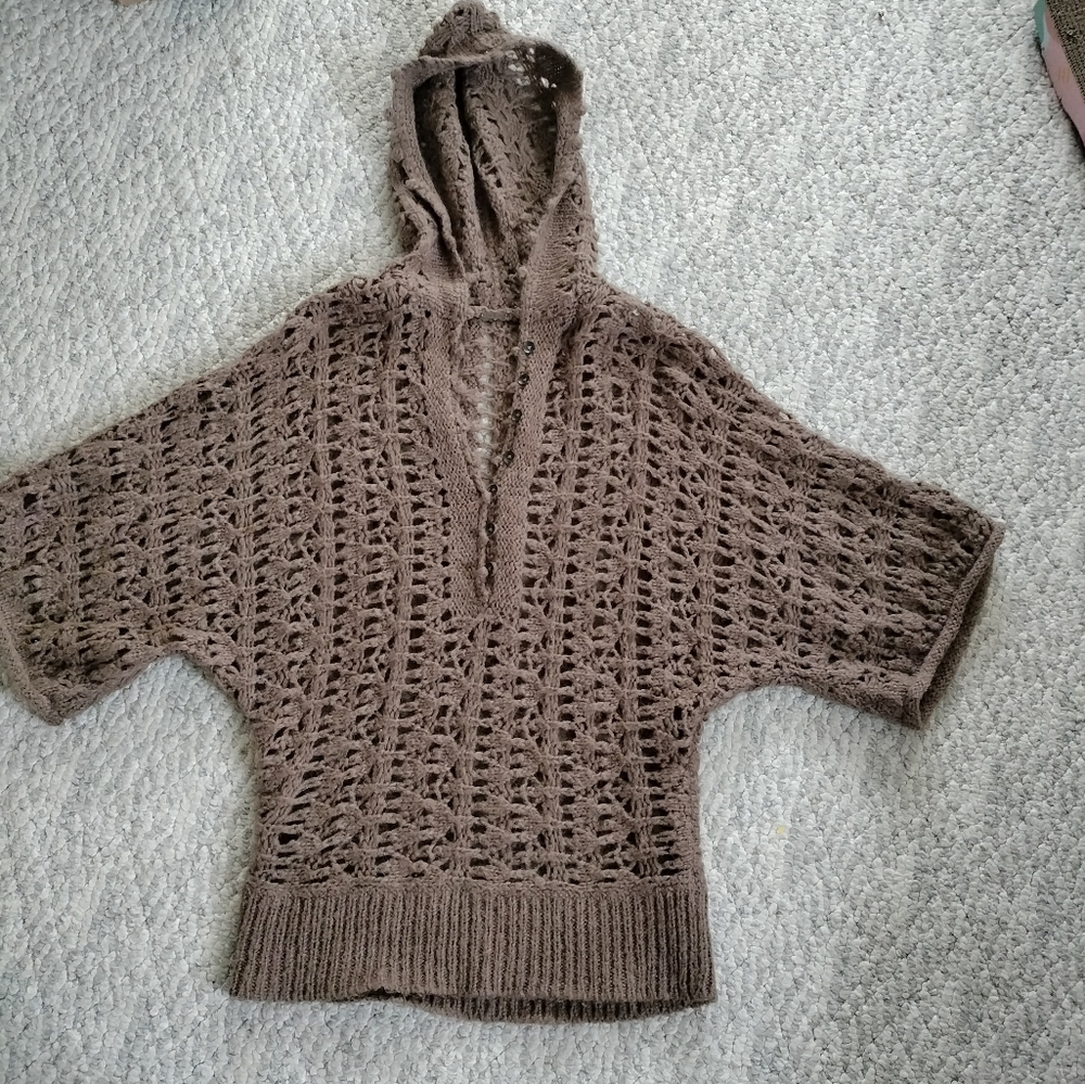 This is a Free People Pointelle Open Knit Alpaca Hooded Sweater in brown. Small - Picture 4 of 13